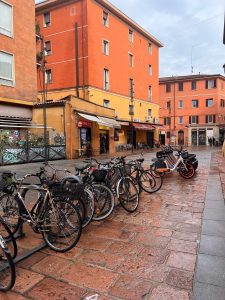 This photo depicts a typical street scene in Bologna, Italy, on a rainy day. A row of bicycles is parked along the cobblestone pavement, reflecting the city's strong cycling culture. The wet, reddish-toned bricks enhance the charm of the street. The surrounding buildings, painted in vibrant shades of orange and yellow, feature simple architectural designs, typical of Bologna's historic center. The street hosts a few small shops and cafés, with their awnings partially open, creating a lively but relaxed atmosphere. The area appears to be a pedestrian-friendly zone, with no vehicles in sight, adding to the quiet, local feel.
