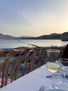 A point-of-view, eye-level shot from a table on a beach, looking out over the water at dusk. In the foreground, a white-clothed table is set with two wine glasses, one filled with white wine, and cutlery. A large, dried palm frond partially obscures the view and runs horizontally across the lower third of the image. The background shows a calm bay with small waves gently reaching the sandy shore. Across the bay, there are rolling hills and mountains under a pastel-colored twilight sky. In the distance, a few small boats are visible on the water and a few people are sitting on the beach.