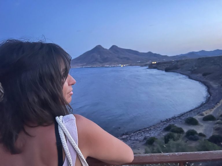 A side-profile, eye-level shot of Cheila, who has brown hair, looking out over a bay at dusk. Her back is mostly to the camera, and she is resting her arms on a rusty brown railing. The bay is a dark blue color, and a few lights from a small town are visible on the far shore. In the background, dark, jagged mountains frame the water against a twilight sky that fades from a deep blue at the top to a lighter hue near the horizon.