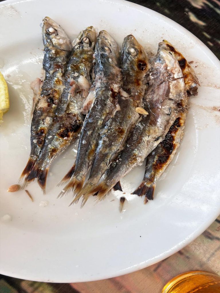 A close-up, top-down shot of a plate of grilled sardines. Five whole sardines, with their heads and tails still on, are arranged on a white plate. They have a shiny, silvery skin with visible char marks from grilling. The plate is slightly greasy, and a small wedge of lemon is partially visible on the left. The corner of a glass with a golden liquid is visible in the bottom right.